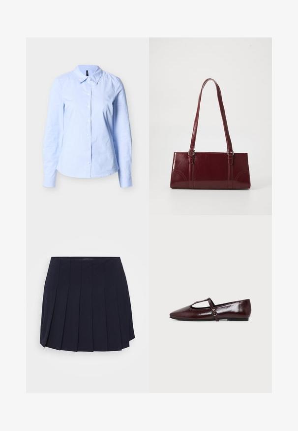 Chemise pour femmes à manches longues bleu clair avec des rayures blanches verticales subtiles et un col pointu sur un fond neutre.; Jupe plissée navy en tissu lisse. Dotée d'une ceinture et de plis verticaux distincts, offrant une silhouette structurée.; Chaussure plate en cuir bordeaux foncé avec un bout pointu et une fine bride en T avec une boucle argentée sur fond blanc.; Sac à main bordeaux en matériau brillant, de forme rectangulaire, avec deux anses et des accents légèrement courbés à l'avant.