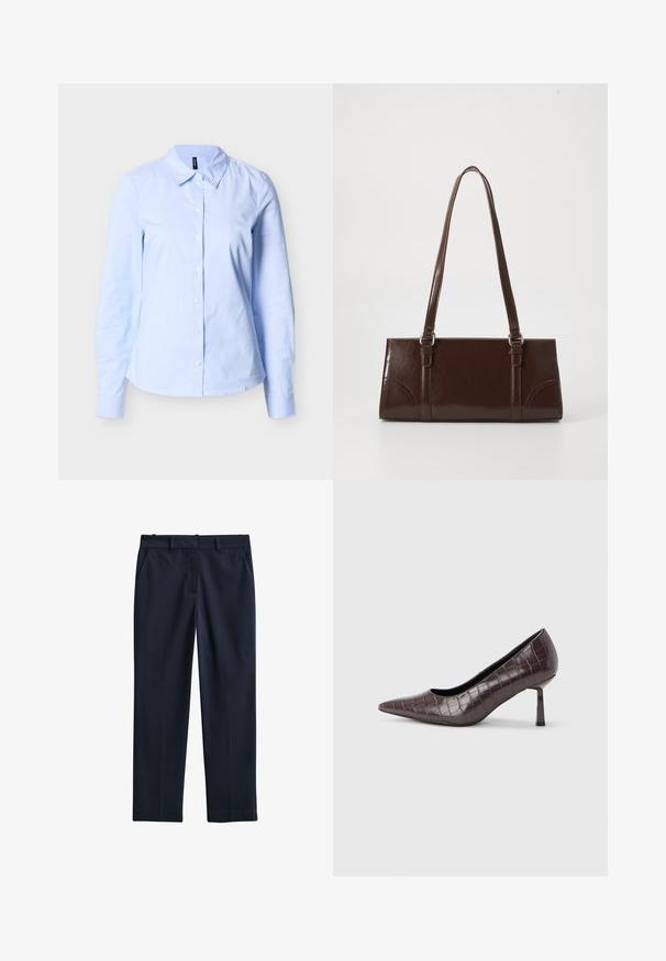 Chemise pour femmes à manches longues bleu clair avec des rayures blanches verticales subtiles et un col pointu sur un fond neutre.; Pantalon formel homme bleu marine foncé avec passants pour ceinture, poches latérales et fermeture éclair à l'avant, présenté à plat sur fond blanc.; Escarpins à bout pointu en similicuir marron avec une texture crocodile, dotés d’un talon fin et angulaire ainsi que d’une doublure intérieure lisse.; Sac à main en cuir verni marron de forme rectangulaire, avec deux longues poignées et des accents courbés subtils à l'avant.