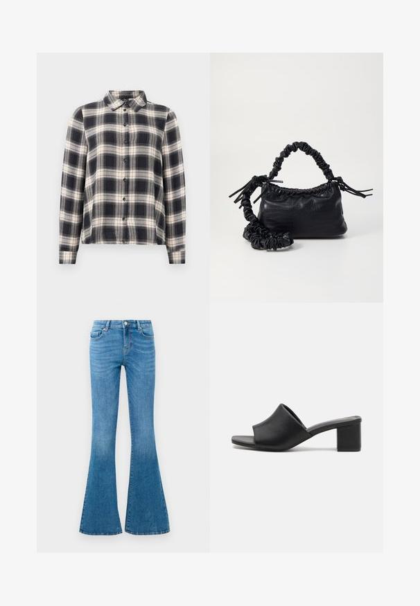 Langarmkariertes Hemd in Marineblau, Weiß und Beige. Mit einem Standardkragen, Knopfleiste und weichem Stoff mit Karomuster.; Blaue Denim-Jeans im Schlagstil mit mittelhohem Bund, fünf Taschen, einem normalen Knopfverschluss und leichter Verblassung für Textur.; Schwarze Leder-Mules mit Blockabsatz und offenem Zehenbereich, mit einer glatten Oberfläche und einem leicht geschwungenen Schaft für Komfort und Stil.; Schwarze Handtasche aus Kunstleder mit Krokodilstruktur, gerafftem oberen Teil und einem geschoppten Tragegurt. Sie wirkt weich und kompakt im Design.