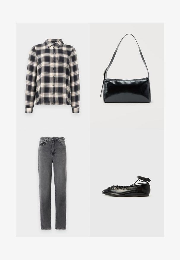 Langærmet ternet skjorte i navy, hvid og beige. Har standard krave, knaplukning fortil og blødt stof med ternet mønster.; Højtaljede grå denim jeans med lige ben, med knap og lynlås foran samt lommer foran og bagpå.; Sorte balletflade sko i laklæder med rundet tå, snørelukning og flad sål. Glat tekstur med få detaljer.; Sort rektangulær skuldertaske med en enkelt justerbar rem og lynlås i toppen på en ensfarvet baggrund.