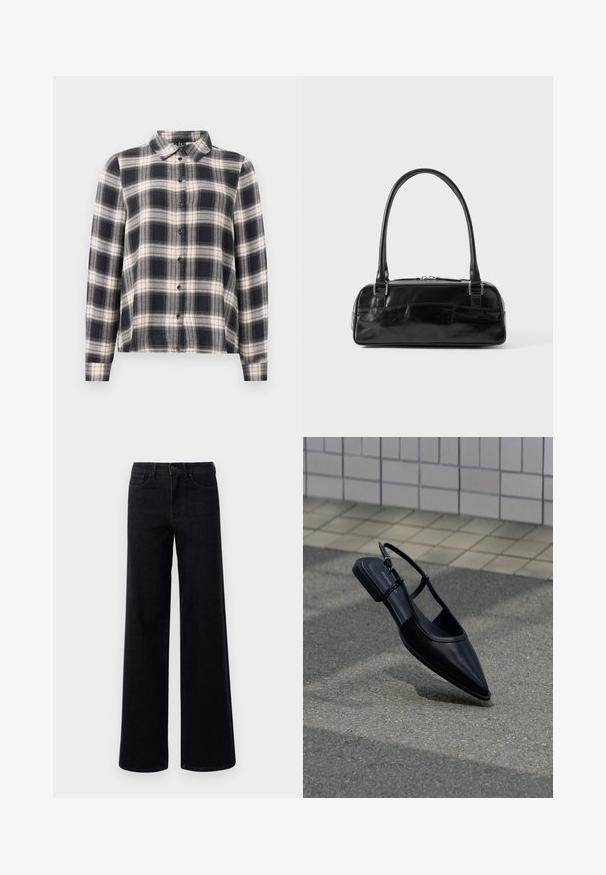 Langærmet ternet skjorte i navy, hvid og beige. Har standard krave, knaplukning fortil og blødt stof med ternet mønster.; Bredde ben sorte denim jeans med høj talje, der har standardlommer og knaplukning. Glat tekstur med en let stræk.; Sort slingback-flad sko med spids tå, svævende over en asfaltflade ved siden af en flisebelagt fortov.; Sort læderhåndtaske med rektangulær form, der har et enkelt struktureret håndtag, sølvhardware og lynlås-lukning. Glat tekstur.
