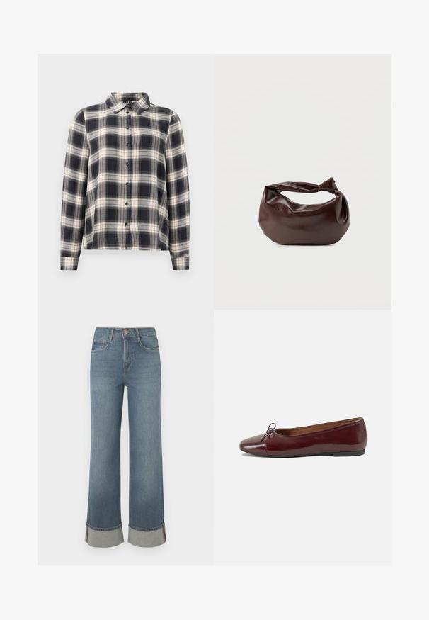 Langwerpig overhemd met lange mouwen in marineblauw, wit en beige. Bevat een schouderkraag, knoopsluiting aan de voorkant en een zachte stof met een geruit patroon.; Wijdvallende blauwe denim jeans hebben een hoge taille, opgerolde hems met grijze accenten, een vijf-pocket ontwerp en een knoopsluiting aan de voorkant.; Bordeaux gepatenteerd lederen ballerina met een ronde neus, een klein strikaccent aan de voorkant en een lage, zwarte rubberen zool. Glad textuur.; Donkerbruine leren schoudertas met een zachte, slungelige vorm en een gedraaide knoopvormige handgreep op een effen witte achtergrond.