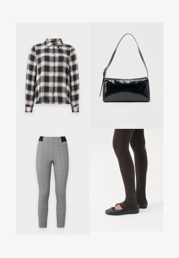 Langarmkariertes Hemd in Marineblau, Weiß und Beige. Mit einem Standardkragen, Knopfleiste und weichem Stoff mit Karomuster.; Graue karierte Leggings mit einer enganliegenden Passform, ausgestattet mit einem schwarzen elastischen Bund und seitlichen Taschen. Strukturierter Stoff mit einem Karomuster.; Beine in dunklen, gerippten Leggings kombiniert mit schwarzen Ballerinas mit kleinen Schleifendetails auf weißem Hintergrund.; Schwarze rechteckige Schultertasche mit einem verstellbaren Riemen und einem oberen Reißverschluss vor einfachem Hintergrund.