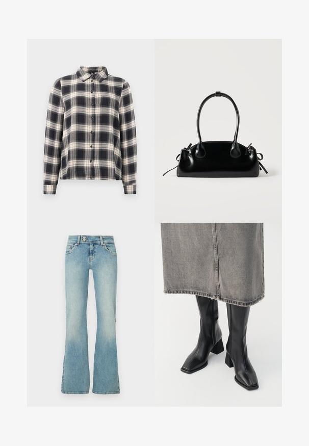 Chemise à manches longues à carreaux dans des teintes marine, blanche et beige. Dotée d'un col standard, d'une fermeture à boutons sur le devant et d'un tissu doux avec un motif à carreaux.; Jean flare bleu clair en denim. Il présente une taille ajustée avec deux poches avant et un léger effet délavé.; Bottes noires montantes en cuir lisse avec un bout carré et un talon bloc. Portées avec une jupe en denim grise à l'ourlet effiloché.; Petit sac à main noir brillant avec deux longues anses et des détails à cordon sur les côtés sur un fond clair uni.