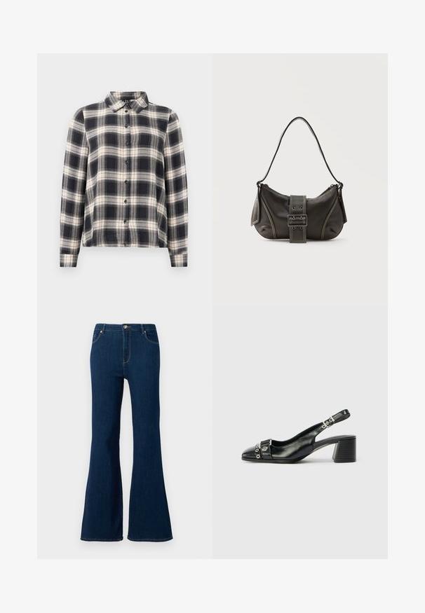 Langarmkariertes Hemd in Marineblau, Weiß und Beige. Mit einem Standardkragen, Knopfleiste und weichem Stoff mit Karomuster.; Dunkelblaue, ausgestellte Jeans aus Denim. Merkmale sind ein vorderer Knopfverschluss, ein Fünf-Taschen-Design und genähte Akzente an den Taschen.; Schwarze Leder-Slingback-Pumps mit spitzem Vorderteil, strukturiertem Riemen mit runden metallischen Akzenten und gestapeltem Blockabsatz.; Schwarze Leder-Schultertasche mit Schnallengurt-Detail, abgerundeten Kanten und kontrastierenden weißen Nähten auf schlichtem Hintergrund.