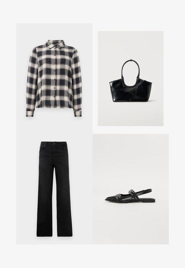 Chemise à manches longues à carreaux dans des teintes marine, blanche et beige. Dotée d'un col standard, d'une fermeture à boutons sur le devant et d'un tissu doux avec un motif à carreaux.; Jean en denim noir à jambe large avec un design classique à cinq poches, doté d'une fermeture à bouton et d'une texture subtile. Lignes épurées et embellissements minimalistes.; Even&Odd by Zalando Ballerines à brides arrière - black; Sac à main en cuir noir brillant avec une grande poignée ovale et un logo subtil à l'avant sur un fond clair uni.