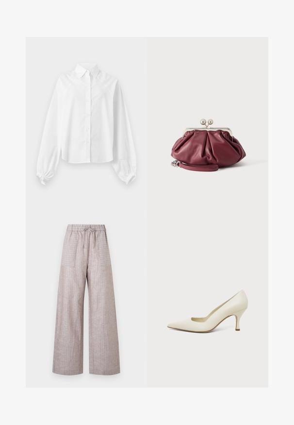 Chemise blanche à manches longues avec boutons, col et poignets bouffants, présentée à plat sur un fond clair.; Pantalon large marron clair avec fines rayures blanches verticales, taille élastique, cordon de serrage et poches plaquées à l'avant.; Chaussure à talon haut en cuir couleur crème, à bout pointu et talon fin de hauteur moyenne, sur un fond clair uni.; Petite pochette en cuir bordeaux avec fermoir en métal argenté et bracelet pour poignet sur fond blanc.