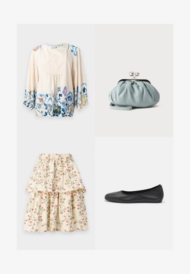 Blusa crema con mangas largas abullonadas, detalle de pechera frontal y patrones florales en azul, verde, morado y marrón a lo largo del dobladillo y los hombros.; Falda de capas color crema con un patrón floral de fresas rojas y enredaderas verdes. Cintura elástica para mayor comodidad y ajuste.; Bailarina de piel negra con punta redondeada, textura suave, detalle de costura minimalista y diseño de suela flexible.; Pequeño monedero de cuero azul claro con cierre metálico plateado tipo kiss-lock y correa corta para la muñeca sobre un fondo liso.