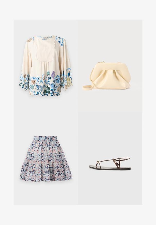Blusa crema con mangas largas abullonadas, detalle de pechera frontal y patrones florales en azul, verde, morado y marrón a lo largo del dobladillo y los hombros.; Falda de estampado floral en azul claro, con flores en tonos rosa y marino. Diseño en capas con una cinturilla elástica y tela suave y texturizada.; Sandalia de cuero marrón con tiras finas, un acento circular dorado y suela plana. Diseño minimalista con un detalle de hebilla ajustable.; Bolso clutch de cuero suave beige con estructura rígida y detalle fruncido en el frente, con una correa delgada para la muñeca y cremallera dorada.