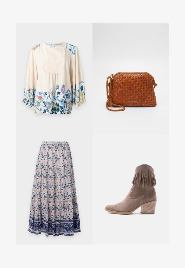 Blusa crema con mangas largas abullonadas, detalle de pechera frontal y patrones florales en azul, verde, morado y marrón a lo largo del dobladillo y los hombros.; Falda maxi floral con fondo gris, que presenta flores rosas y azules, diseño en capas y un dobladillo con patrón en azul marino. Cintura elástica.; Bota de tobillo de ante color topo con detalle de flecos, punta afilada y tacón de bloque apilado sobre fondo blanco.; Bolso cruzado de cuero trenzado marrón con cierre de cremallera, forma redondeada y una correa trenzada. Presenta una pequeña placa de logo rectangular.