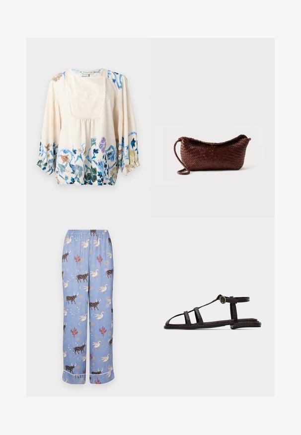 Blusa crema con mangas largas abullonadas, detalle de pechera frontal y patrones florales en azul, verde, morado y marrón a lo largo del dobladillo y los hombros.; Pantalones de pijama azules con un patrón caprichoso que presenta vacas, criaturas míticas y elementos celestiales; cinturilla elástica y piernas anchas.; Sandalia plana marrón oscuro con correas texturizadas, hebilla en el tobillo y diseño de punta abierta sobre un fondo claro liso.; Bolso tejido de cuero marrón con una sola correa y parte superior curva sobre un fondo blanco liso.