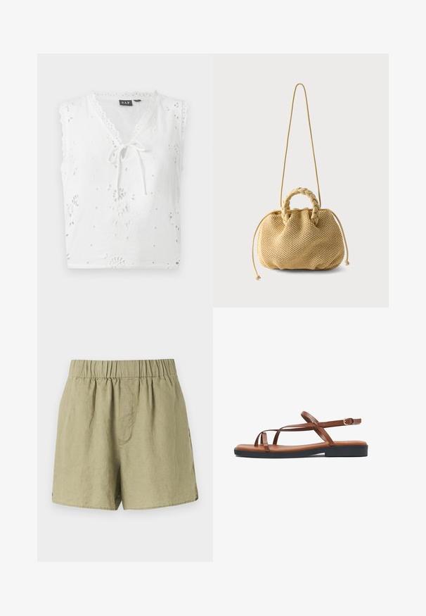 Hvid ærmeløs bluse med hulbroderi, bølgede kanter, V-hals og bindedetalje foran.; Lysgrønne linnedshorts med elastisk talje, sidelommer og afslappet pasform. Har et glat, let struktureret stof.; Brun flad sandal med tynde læderremme, ankelspænde og sort sål vist fra siden på hvid baggrund.; Beige vævet håndtaske med flettede øverste håndtag, snørresider og en lang tynd skulderrem på en ensfarvet hvid baggrund.