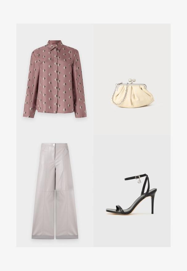 Camisa abotonada de suave tela rosa, con un patrón geométrico de diamantes y triángulos en tonos gris apagado y negro. Manga larga, cuello clásico.; Pantalones de pierna ancha en faux cuero gris claro, con cierre de botón en la parte frontal, dos bolsillos laterales y costuras decorativas para mayor textura.; Sandalia de tacón alto negra con una estrecha correa en el tobillo, punta cuadrada, material de cuero liso y detalle de hebilla metálica.; Clutch de cuero beige plisado con un marco de metal plateado, que cuenta con dos broches decorativos redondos y una correa de cadena plateada.