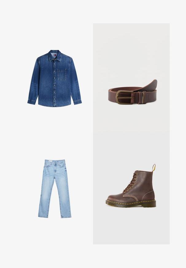 Langærmet blå denimskjorte med knapper foran, enkelt brystlomme og spids krave, lagt fladt på en hvid baggrund.; Lyseblå denimjeans med lige pasform, fem-lomme-design og synlig syning. Mellem-høj talje med klassisk knap- og lynlåslukning.; Brune lædersnøreboots med gule syninger, rund tå og en robust gummisål. Har en trækflap ved hælen for nem påføring.; Brunt læderbælte med bronzefarvet rektangulært spænde, to bælteløkker og en rullet ende mod en lysegrå baggrund.