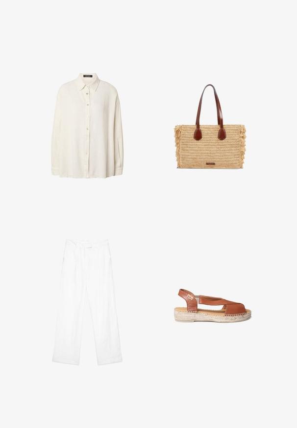 Camisa color crema de manga larga con cuello, hecha de tela texturizada, con un corte relajado y botones delanteros.; Pantalones de lino blancos con un ajuste holgado, que presentan un diseño de pierna recta, bolsillos frontales y una cintura plana. Textura suave en todo el tejido.; Sandal de cuero marrón con punta abierta, correas elásticas en los laterales y una suela intermedia de yute trenzado. Presenta una suela plana y texturizada para ofrecer agarre.; Bolso rectangular tejido de paja con asas de cuero marrón y laterales con flecos, con una pequeña etiqueta frontal.