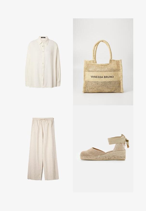 Chemise crème à manches longues avec col, confectionnée en tissu texturé, présentant une coupe décontractée et des boutons sur le devant.; Pantalons larges beiges en tissu léger avec une taille élastique et un cordon de serrage. Ils possèdent des poches latérales et une silhouette fluide.; Espadrille beige avec une tige en toile, un talon texturé tissé et une semelle en jute tressé ; dispose d'une bride à la cheville pour un maintien sécurisé.; Sac fourre-tout tissé beige avec deux poignées et "VANESSA BRUNO" imprimé en noir sur un panneau tissé solide au centre.