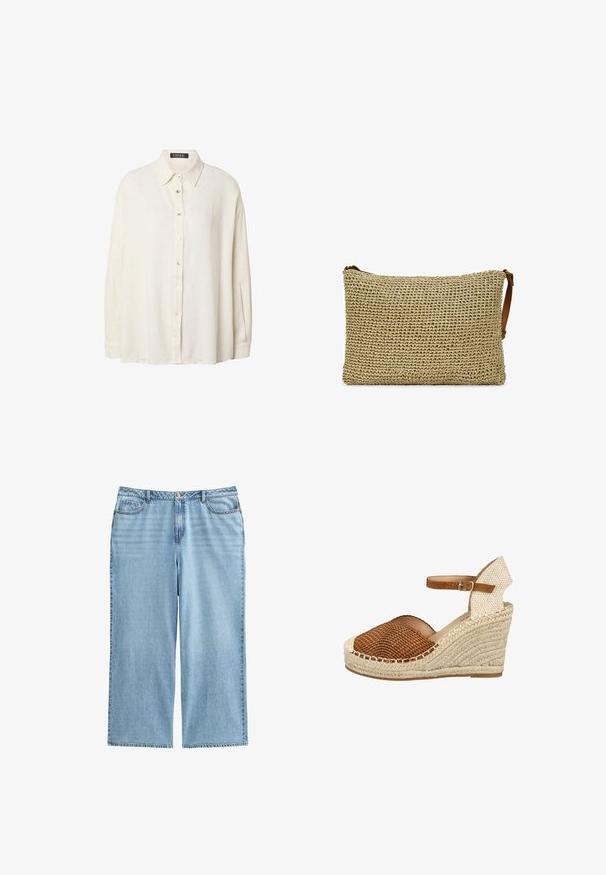 Camisa color crema de manga larga con cuello, hecha de tela texturizada, con un corte relajado y botones delanteros.; Culottes de mezclilla azul claro con cintura alta, piernas anchas y diseño de cinco bolsillos, con costuras en contraste y cierre de botón.; Sandalia cuña marrón tejida con suela de yute trenzado beige y correa en el tobillo con cierre de hebilla, vista lateral sobre fondo blanco.; Bolsita de paja tejida con forma rectangular, que presenta una superficie texturizada en color beige, complementada por una correa de hombro de cuero marrón.