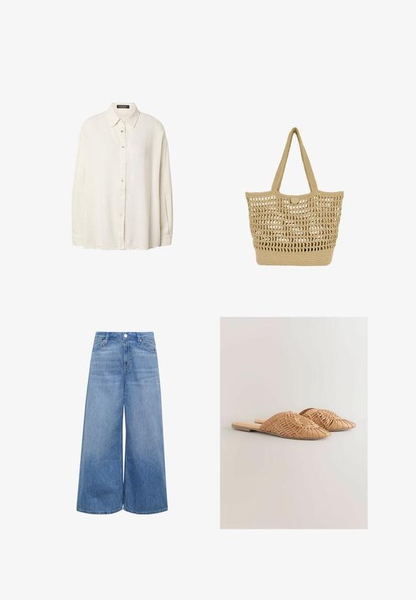 Langärmliges, cremefarbenes Hemd mit Kragen aus strukturiertem Stoff, mit lockerem Schnitt und Knöpfen vorne.; Helle blaue Denim-Culottes mit weitem Bein. Fünf-Taschen-Stil, Knopfverschluss am Taillenbund und glatte Textur.; Geflochtene Ledersandalen in hellbraun, mit einem übergroßen geflochtenen Obermaterial und flachem Absatz. Die spitze Zehenpartie sorgt für einen eleganten Look.; Beige gewebte Tragetasche mit offenem Strickmuster, festem Boden, zwei Schulterriemen und kleinem rundem Knopfverschluss oben in der Mitte.