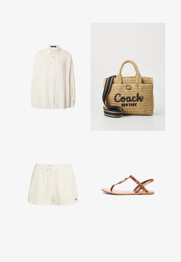 Chemise crème à manches longues avec col, confectionnée en tissu texturé, présentant une coupe décontractée et des boutons sur le devant.; Short en crochet blanc avec une taille élastique et un cordon de serrage. Présente un motif texturé et un petit logo métallique sur le côté.; Sandale plate marron avec bride en T, boucle réglable à la cheville et détail décoratif doré sur la lanière supérieure.; Sac en paille tressée avec deux poignées supérieures, logo brodé noir "Coach New York", quincaillerie dorée et une bandoulière rayée amovible.