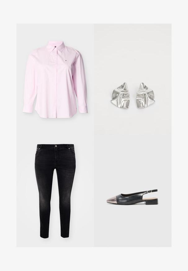 Lyserød skjortebluse med klassisk krave, lange ærmer og en lille logo-accent. Fremstillet i blødt bomuldsstof.; Sorte denim jeans med slim fit, fem-lommers design, knaplukning og let slid for tekstur. Minimalistisk stil, ingen synlige mønstre.; Slingback-sko med en overdel i sort læder, en metallisk rosaguld spids tå og en lav blokhæl. Glat tekstur med et buet design.; Sølvmetal øreringe med et bølgende, skulpturelt design, der har en poleret overflade og uregelmæssige former, hvilket fremhæver en moderne æstetik.