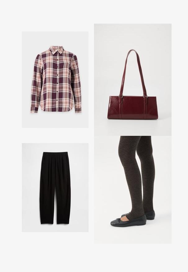 Chemise à manches longues boutonnée avec motif à carreaux violet, rose et marron et col pointu sur fond blanc.; Pantalon noir à coupe décontractée avec taille élastique et poches latérales, présenté sur un fond blanc uni.; Jambes portant des leggings côtelés foncés associés à des ballerines noires avec de petits détails en nœud sur fond blanc.; Sac à main bordeaux en matériau brillant, de forme rectangulaire, avec deux anses et des accents légèrement courbés à l'avant.