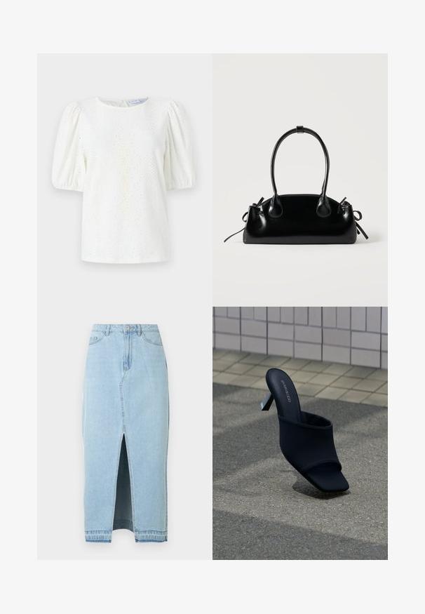 Blouse blanche avec des manches bouffantes, un col rond et un motif en œillets pour la texture. Détail de fermeture par un keyhole au dos ajoutant un élément de design subtil.; Jupe en jean bleu clair avec une fente à l'avant et une ceinture. Comprend le design traditionnel à cinq poches et une fermeture à bouton en métal.; Mule noire à bout ouvert, talon bloc et bout carré, avec la marque "EVEN&ODD", posée sur un sol en pavé gris près d'un mur carrelé.; Petit sac à main noir brillant avec deux longues anses et des détails à cordon sur les côtés sur un fond clair uni.