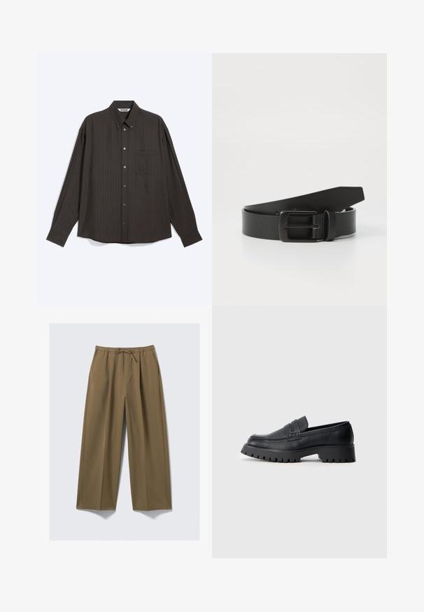 Chemise gris foncé à manches longues boutonnée, avec de fines rayures verticales discrètes, une poche poitrine sur le devant et un col pointu, posée à plat sur un fond blanc.; Pantalons larges en vert olive, en tissu doux avec une taille élastique et un cordon de serrage ajustable. Comprend deux poches latérales.; Mocassins en cuir noir avec un bout arrondi, présentant une sangle décorative et une semelle en caoutchouc épaisse avec de profonds crampons pour une meilleure adhérence.; Ceinture en cuir noir avec une boucle en métal noir mat, présentant une texture lisse et un design simple. Longueur réglable avec une extrémité effilée.