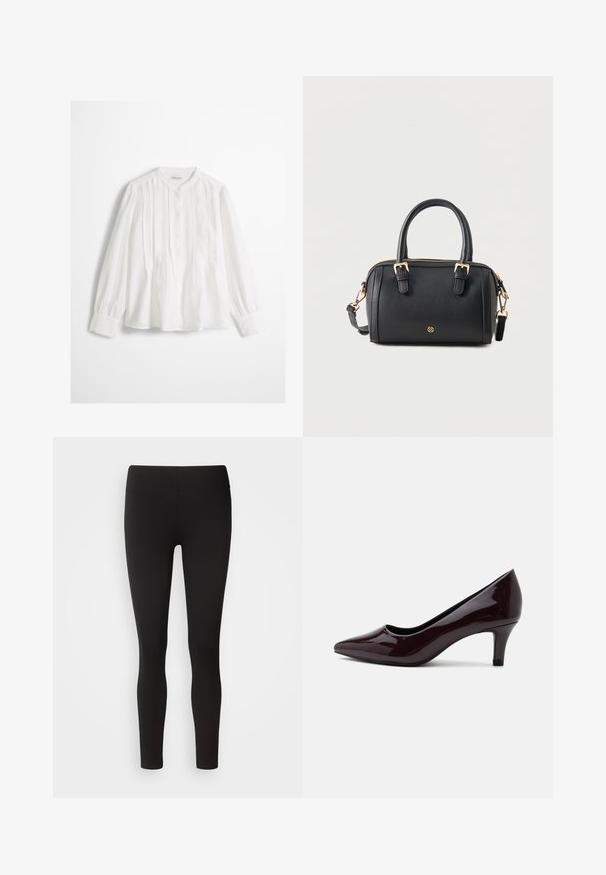 Blusa blanca de manga larga con pliegues verticales, cuello redondo, cierre frontal con botones y puños anchos.; Leggings negras hechas de tela elástica con una cinturilla sin costuras, diseño ajustado y textura suave, adecuadas para diversas actividades.; Zapato de mujer tipo pump de charol burdeos oscuro con punta puntiaguda y tacón bajo tipo kitten sobre un fondo claro liso.; Bolso de mano de cuero negro con asas dobles, detalles de hebillas doradas, una correa de hombro desmontable y un pequeño emblema dorado redondo en la parte delantera.