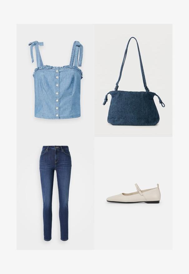 Lyseblå denim crop top med flæsedetalje ved halsen, justerbare bindebånd og lukning med seks kontrastfarvede runde knapper foran.; Slim-fit jeans i mørkeblå denim med subtil falmning. Har fem lommer, bæltestropper og en frontknaplukning. Standard lige ben design.; Hvide ballerinasko i læder med spids tå, ankelsnor og lav sort hæl. Glat tekstur med minimale detaljer.; Mørkeblå denim skuldertaske med knyttede stropender og en enkel rektangulær form mod en hvid baggrund.
