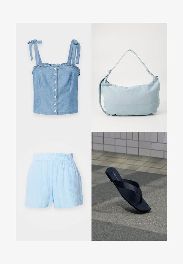 Svetlo modrá deninová crop top s našitými volánikmi na výstrihu, nastaviteľnými viazacími ramienkami a predným zapínaním na šesť kontrastných guľatých gombíkov.; Svetlomodré šortky z textúrovanej látky s elastickým riaseným pásom a voľným strihom.; Čierna tangová sandála s štvorcovým špičkou a názvom značky na stielke, umiestnená vzpriamene na textúrovanom povrchu blízko obkladanej steny.; Svetlomodrá denimová taška na rameno s okrúhlym tvarom, nastaviteľným popruhom a jemným prešívaním pozdĺž dolného okraja. Mäkka textúra.