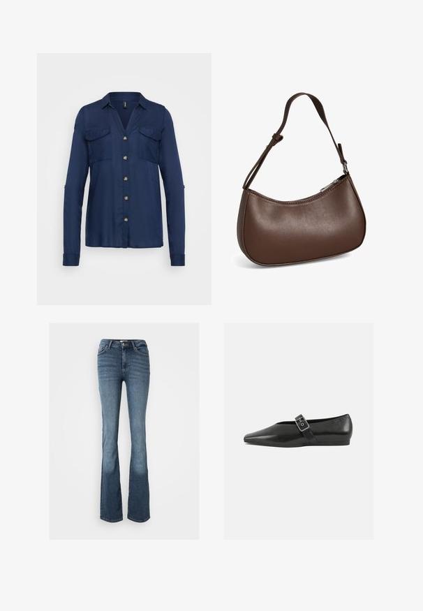 Mørkeblå knap-up skjorte med lange ærmer, to brystlommer og gyldne knapper. Glat stof med krave og en let afslappet pasform.; Bootcut jeans lavet af blåt denim. Har en mid-rise talje, fem lommer, diskrete syninger og et let falmet udseende på benene.; Sorte læder flade sko med spidse tæer, prydet med en metallisk spænde over vristen og en lav, fleksibel sål.; Lille brun skuldertaske i læder med justerbar rem og lynlåslukning, vist mod hvid baggrund. Ingen synligt branding eller dekorationer.