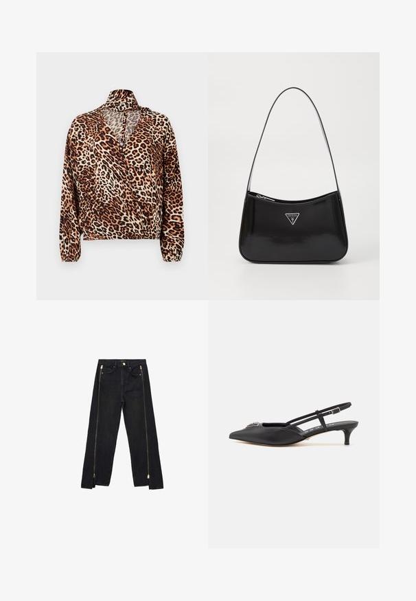 Luipaardprint blouse met lange mouwen, hoge kraag en een diepe V-halslijn. Gemaakt van lichtgewicht stof, met een gathered onderrand.; Zwarte denim jeans met een recht model, voorzien van gouden ritsen aan de zijkanten en standaard zakken op de taille.; Zwarte slingback schoenen met een puntige neus, gemaakt van glad materiaal, met een kleine hak en een decoratieve zilverkleurige accent op de wreef.; Zwarte lakleren schoudertas met een gebogen vorm, voorzien van een zilveren driehoeklogo en een ritssluiting. Gladde textuur en slanke schouderband.