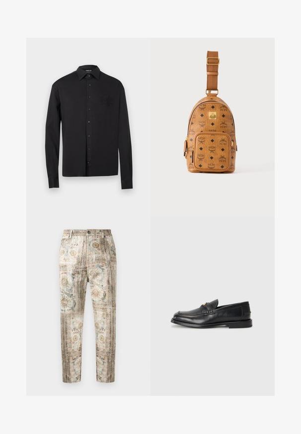 Chemise noire à manches longues avec boutons, col pointu et blason brodé subtil sur le côté gauche de la poitrine, présentée sur un fond blanc.; Pantalon à jambes droites avec un imprimé vintage complexe représentant des soleils, des fleurs et des motifs ornementaux dans des tons doux.; Des mocassins en cuir noir présentent un bout arrondi, des détails cousus et un petit accent doré à l'avant. La semelle est plate et discrète.; Petit sac bandoulière en cuir beige avec bandoulière réglable, poche zippée à l'avant et motif répété du logo noir MCM.