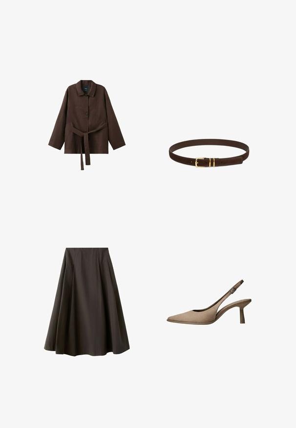 Veste marron foncé à manches longues avec col, deux boutons et une ceinture assortie en tissu nouée à la taille.; Jupe noire trapèze à taille haute avec ourlet évasé, fabriquée en tissu lisse, présentée sur fond blanc.; Escarpin slingback en daim beige avec bout pointu, talon bas et découpe latérale ornée d'une boucle réglable. Texture lisse et silhouette élégante.; Ceinture en cuir marron foncé avec boucle en métal doré et deux passants dorés, présentée enroulée sur fond blanc.