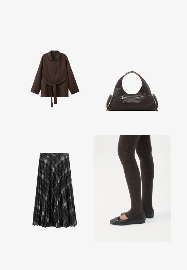 Veste marron foncé à manches longues avec col, deux boutons et une ceinture assortie en tissu nouée à la taille.; Jupe midi plissée noire avec un motif à carreaux dans des tons gris et beige, dotée d'une ceinture ajustée et d'une texture douce.; Jambes portant des leggings côtelés foncés associés à des ballerines noires avec de petits détails en nœud sur fond blanc.; Sac à main en cuir noir avec une poignée supérieure arrondie, deux poches latérales zippées et une texture lisse. Design légèrement souple.