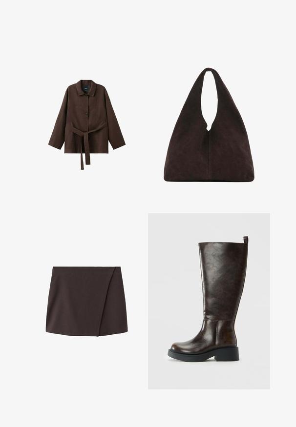 Veste marron foncé à manches longues avec col, deux boutons et une ceinture assortie en tissu nouée à la taille.; Mini-jupe asymétrique marron foncé avec un léger chevauchement à l'avant, fabriquée à partir d'un tissu lisse.; Botte en cuir marron foncé, haute jusqu'au genou, avec bout arrondi, semelle épaisse noire, petit talon bloc et une languette au dos en haut.; Sac à bandoulière triangulaire marron foncé doux avec une poignée large unique en haut et une texture de surface lisse.