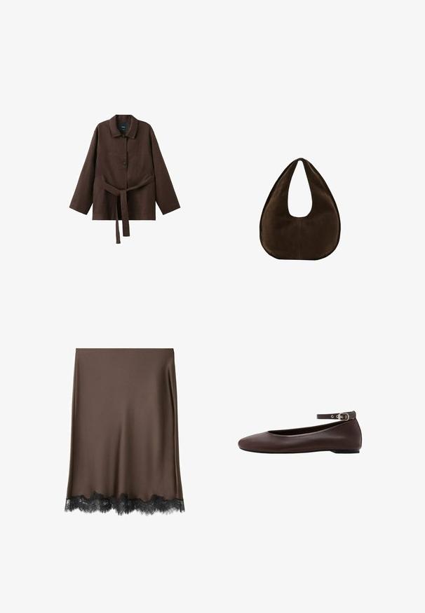 Veste marron foncé à manches longues avec col, deux boutons et une ceinture assortie en tissu nouée à la taille.; Jupe en satin marron avec un bord en dentelle noire à l'ourlet. Le tissu est lisse et la coupe est droite, longueur jusqu'au genou.; Chaussure plate marron foncé avec bout arrondi et bride de cheville réglable avec boucle argentée sur fond blanc.; Sac à main en daim marron foncé en forme de croissant avec une seule sangle large et une texture lisse sur fond blanc.