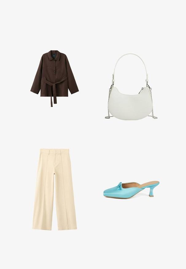 Veste marron foncé à manches longues avec col, deux boutons et une ceinture assortie en tissu nouée à la taille.; Pantalon beige taille haute à jambes larges avec passants pour ceinture et détail de couture avant sur chaque jambe sur fond blanc.; Mules satin aqua avec un bout carré, détail de nœud accentué et un petit talon épais. Texture lisse et design minimaliste.; Sac à main synthétique blanc de forme courbée, avec une bandoulière en chaîne et un design minimaliste. Texture lisse avec des accents en métal argenté.