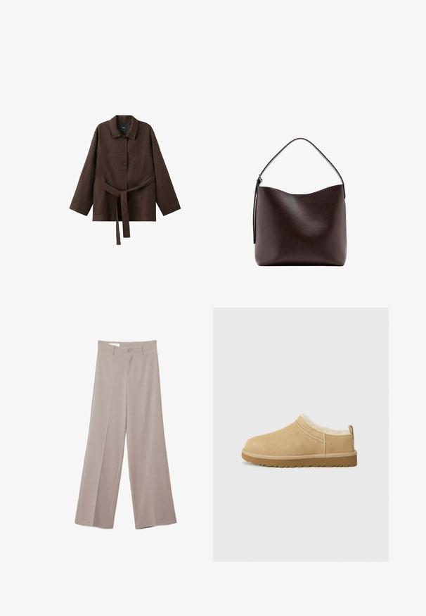 Mørkebrun langærmet jakke med krave, to knapper og et matchende bælte i stof bundet om taljen.; Beige bukser med vide ben, flad front, to forlommer, knaplukning og en glat, let struktureret stofoverflade.; Suede slip-on sko i lys tan, med en blød pelsforing og tekstureret gummisål med en let hæl og bagestrop for nem påklædning.; Mørkebrun læderhåndtaske med et enkelt buet topgreb og en glat, usmykket overflade mod en hvid baggrund.