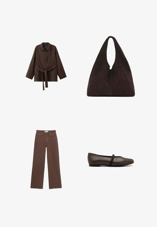 Veste marron foncé à manches longues avec col, deux boutons et une ceinture assortie en tissu nouée à la taille.; Jean marron à jambes larges avec bouton et fermeture éclair devant, cinq poches et passants de ceinture, présenté sur fond blanc.; Ballerines en cuir marron avec un bout arrondi et une sangle élastique sur le cou-de-pied. Dotées d'une semelle en caoutchouc noir, basse et flexible.; Sac à bandoulière triangulaire marron foncé doux avec une poignée large unique en haut et une texture de surface lisse.