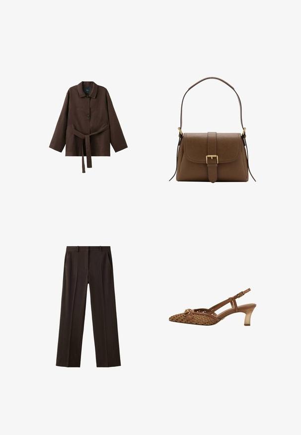 Veste marron foncé à manches longues avec col, deux boutons et une ceinture assortie en tissu nouée à la taille.; Pantalon formel brun foncé avec fines rayures verticales, passants de ceinture et poches latérales, présenté à plat.; Chaussure slingback tissée marron avec un bout pointu, des fines lanières, un accent de boucle décorative et un talon transparent de hauteur moyenne.; Sac à bandoulière en cuir marron avec rabat avant et boucle dorée, disposant d'une bandoulière réglable avec ferrures dorées sur fond blanc.