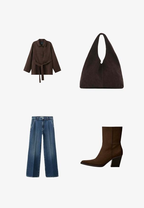 Veste marron foncé à manches longues avec col, deux boutons et une ceinture assortie en tissu nouée à la taille.; Jean denim bleu à jambes larges avec une taille haute, doté de poches avant, d'une fermeture à boutons et d'un léger effet délavé sur le tissu.; Bottine en suède marron avec un orteil pointu et un talon épais, présentant un design minimaliste et une texture lisse sur fond blanc.; Sac à bandoulière triangulaire marron foncé doux avec une poignée large unique en haut et une texture de surface lisse.