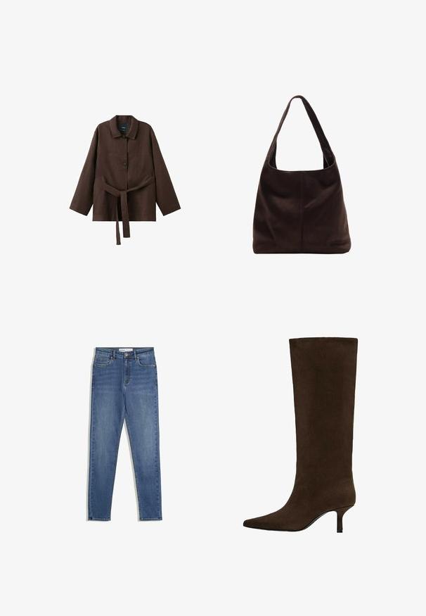 Tmavohnedá dlhá bunda s golierom, dvoma gombíkmi a pásikom z rovnakého materiálu zviazaným v páse.; Modré denimové džínsy s vysokým pásom, slim fit, prednými vreckami, zipsom a kontrastným šitím. Štruktúrovaný dizajn s hladkou textúrou.; Vysoká tmavohnedá semišová čižma ku kolenu so špicatou špičkou a nízkym tenkým opätkom.; Hnedá semišová kabelka na rameno so širokým, plochým popruhom. Mäkko tvarovaný dizajn má centrálne švy. Žiadne viditeľné kovanie ani ozdoby.