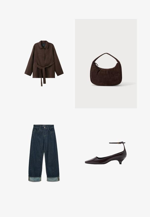 Donkerbruine lange mouw jas met kraag, twee knopen en een bijpassende stoffen riem gestrikt in de taille.; Donkerblauwe denimbroek met een losse pasvorm, voorzien van opgerolde broekspijpen, vijf zakken en contrasterende stiksels.; Donkerbruine leren kittenheel schoenen met een spitse neus, een dunne enkelband en een kleine gouden gesp.; Donkerbruine suède handtas met een korte riem en afgeronde rechthoekige vorm op een effen lichte achtergrond.