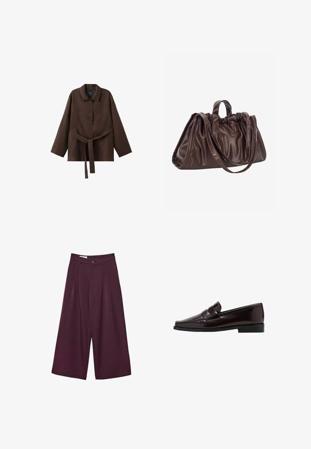 Veste marron foncé à manches longues avec col, deux boutons et une ceinture assortie en tissu nouée à la taille.; Pantalons larges bordeaux avec une texture lisse, des plis sur le devant, une fermeture à bouton et une taille haute.; Mocassin en cuir marron avec un avant de style mocassin, couture surélevée le long de l'empeigne et une semelle en caoutchouc noir basse. Fini lisse et poli.; Sac en cuir marron avec un haut froncé, deux poignées courtes et une longue bandoulière. Texture lisse avec une forme spacieuse et arrondie.