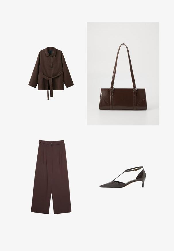 Mørkebrun langærmet jakke med krave, to knapper og et matchende bælte i stof bundet om taljen.; Stradivarius SMART WIDE-LEG WITH BUCKLE DETAIL - Bukser - dark brown; Sorte læder damesko med spids tå, lav hæl, T-strop og guld spænde lukning på hvid baggrund.; Brun lakeret håndtaske med rektangulær form, to lange håndtag og subtile buede detaljer på fronten.