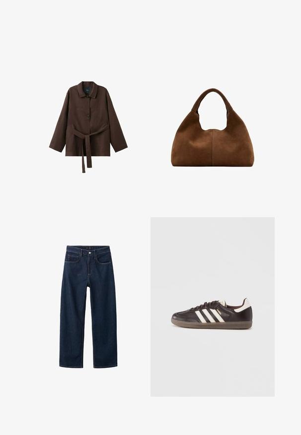 Donkerbruine lange mouw jas met kraag, twee knopen en een bijpassende stoffen riem gestrikt in de taille.; Donkerblauwe denim broek met een rechte pijp, voorzien van een klassieke vijf-pocket stijl, zichtbare stiksels en een knoopsluiting bij de taille.; Donkerbruine leren sneakers met een wit drie-strepen ontwerp, een rubberen zool en "Samba" in gouden letters aan de zijkant. Klassieke lage schoenvorm.; Bruine suède hobo-tas met een breed, afgerond handvat en een zachte, slungelige vorm tegen een witte achtergrond.