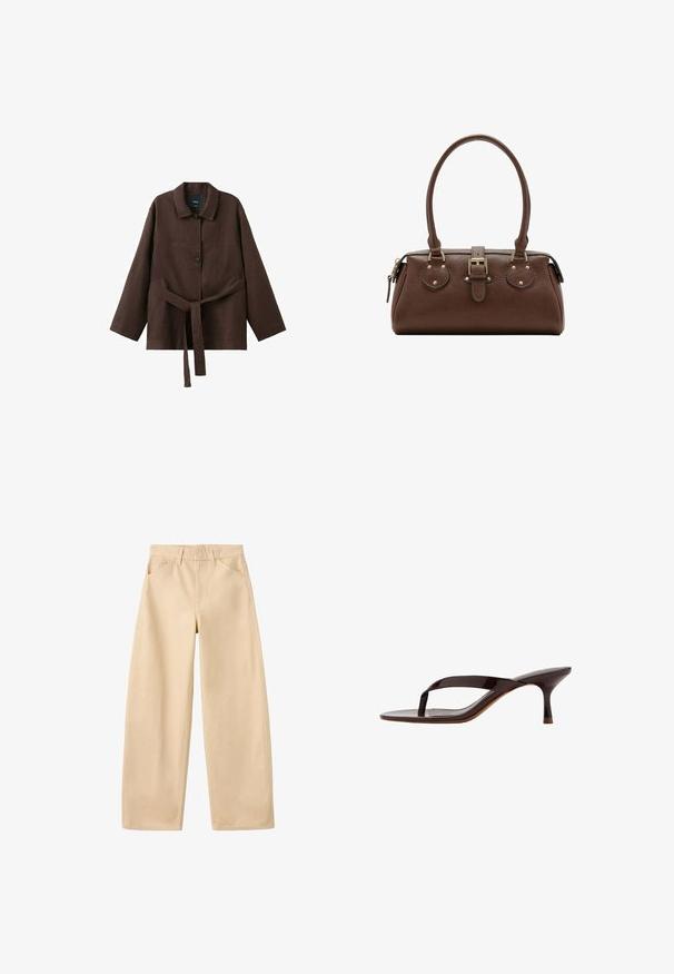 Veste marron foncé à manches longues avec col, deux boutons et une ceinture assortie en tissu nouée à la taille.; Pantalon beige à jambes larges avec passants pour ceinture, poches avant, et un design épuré et simple, posé à plat sur un fond blanc.; Sandale à talon en cuir verni noir avec bride entre les orteils et un talon petit kitten élancé de hauteur moyenne, vue de côté sur fond blanc.; Sac à main en cuir marron avec deux poignées, une sangle centrale à boucle et des ferrures dorées, présenté sur fond blanc.