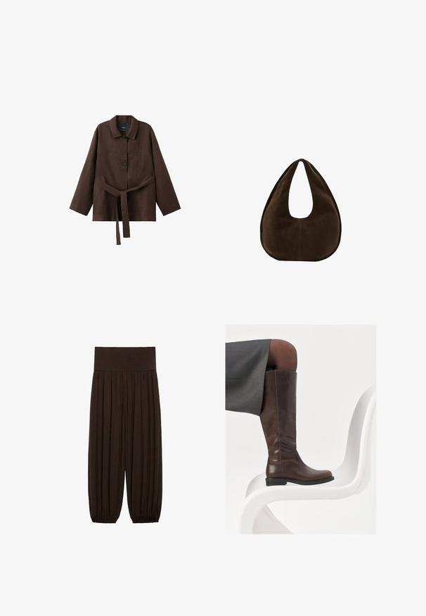 Mørkebrun langærmet jakke med krave, to knapper og et matchende bælte i stof bundet om taljen.; Brune plisserede bukser med en bred, elastisk talje. Stoffet er let og tekstureret med indsamlede sømme ved benens afslutninger.; Brun læder knæhøj støvle med afrundet tå, glat tekstur og minimale syningsdetaljer, sat mod en lys baggrund på en hvid stol.; Mørkebrun ruskind skuldertaske formet som en halvmåne med en bred rem og glat tekstur på en hvid baggrund.
