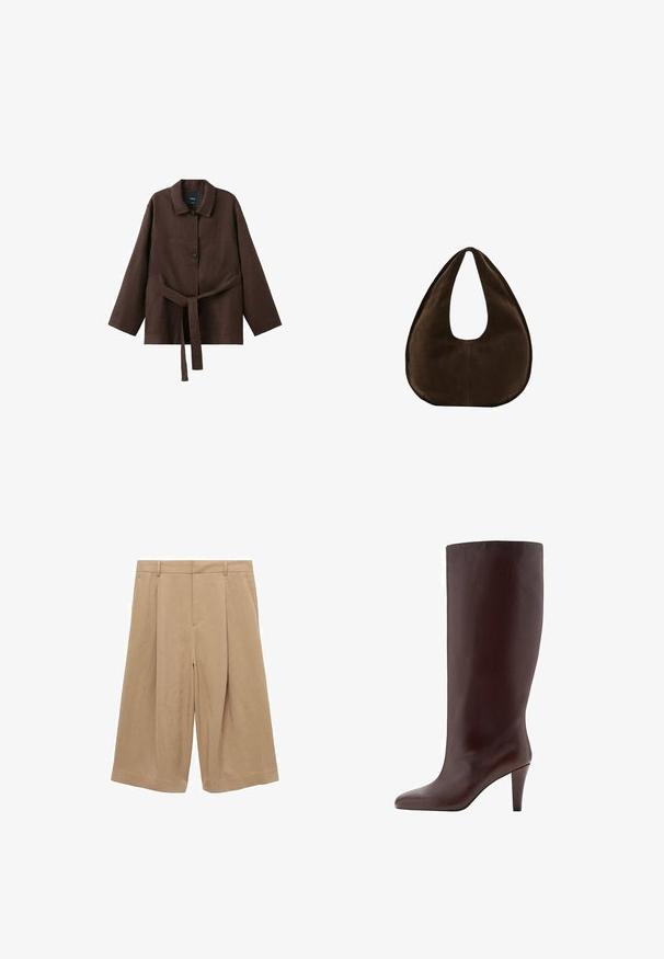 Dunkelbraune Langarmjacke mit Kragen, zwei Knöpfen und einem passenden Stoffgürtel, der in der Taille gebunden ist.; Beige Culottes aus leichtem Stoff, mit weitem Bein, flachem Vorderteil, zwei Seitentaschen und glatter Textur.; Braune Lederkniehohe Stiefel mit spitzem Zehen und Stiletto-Absatz. Glatte Textur und nahtloses Design.; Dunkelbraune Wildleder-Handtasche in Halbmondform mit einem breiten Riemen und glatter Textur vor weißem Hintergrund.